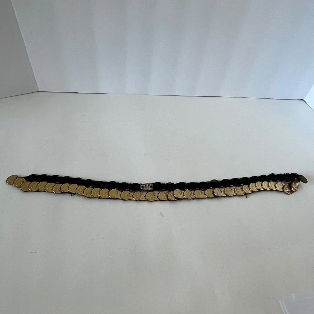 Vintage Gold‎ Roman Coin Belt Black Woven Backing Boho Grecian Medallion 35 Inch
